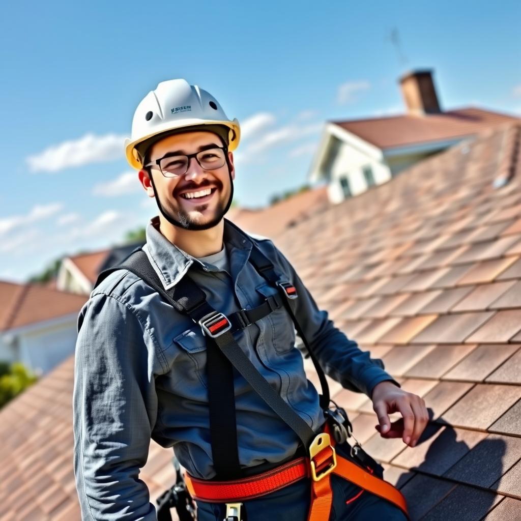 Professional roofer in safety harness working on residential roof
